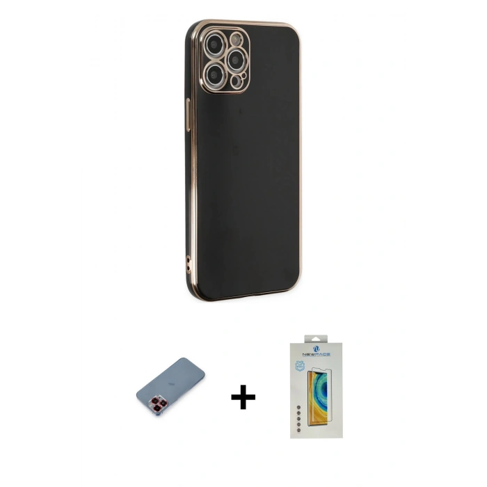 MARSİLYAN™- iPhone 12 Pro Kılıf Yankı Serisi - Siyah Polymer Nano Ekran Koruyucu + Metal Kamera Lens Koruma Cam - KI