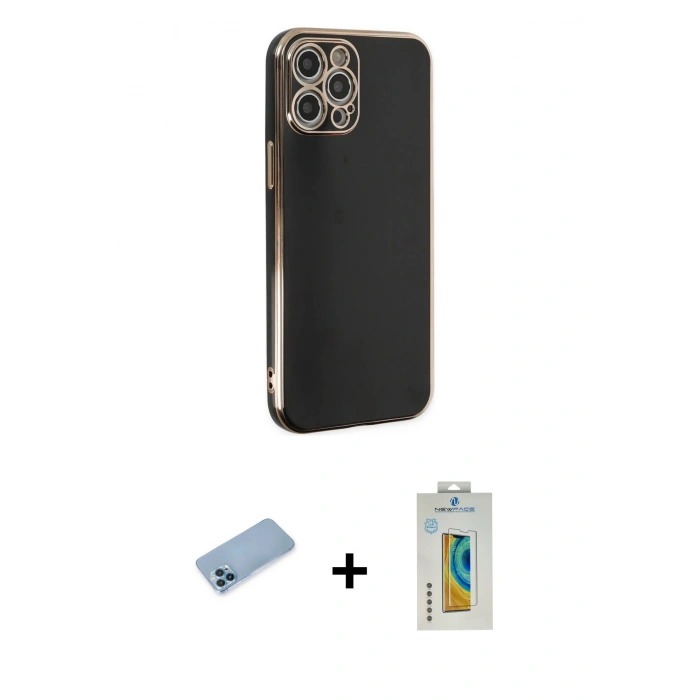 MARSİLYAN™- iPhone 12 Pro Kılıf Yankı Serisi - Siyah Polymer Nano Ekran Koruyucu + Shine Kamera Lens Koruma Cam - MI