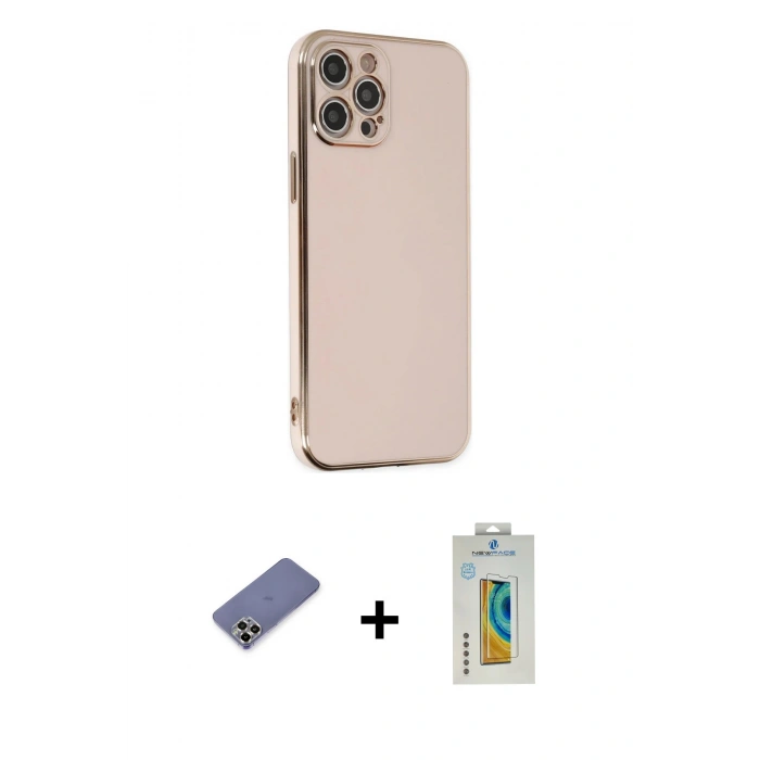 MARSİLYAN™- iPhone 12 Pro Kılıf Yankı Serisi - Siyah Polymer Nano Ekran Koruyucu + Metal Kamera Lens Koruma Cam - GD