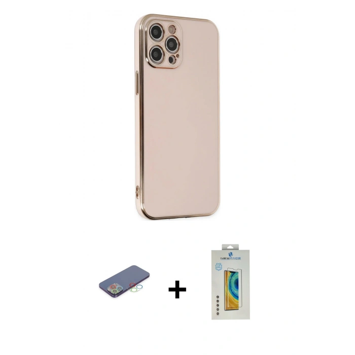 MARSİLYAN™- iPhone 12 Pro Kılıf Yankı Serisi - Siyah Polymer Nano Ekran Koruyucu + Renkli Kamera Lens Koruma Cam - MI