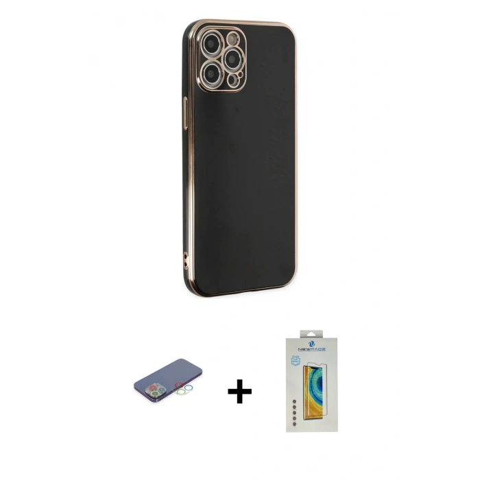 MARSİLYAN™- iPhone 12 Pro Kılıf Yankı Serisi - Siyah Polymer Nano Ekran Koruyucu + Renkli Kamera Lens Koruma Cam - MI