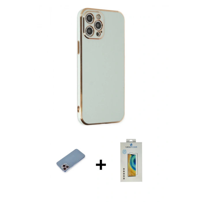 MARSİLYAN™- iPhone 12 Pro Kılıf Yankı Serisi - Siyah Polymer Nano Ekran Koruyucu + Shine Kamera Lens Koruma Cam - PE