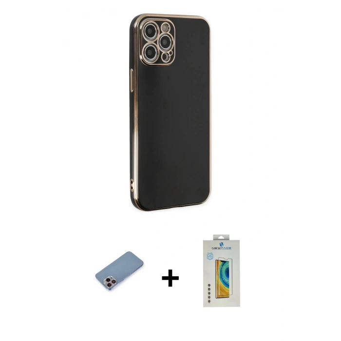 MARSİLYAN™- iPhone 12 Pro Kılıf Yankı Serisi - Siyah Polymer Nano Ekran Koruyucu + Shine Kamera Lens Koruma Cam - PE