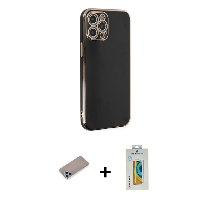 MARSİLYAN™- iPhone 12 Pro Kılıf Yankı Serisi - Siyah Polymer Nano Ekran Koruyucu + Shine Kamera Lens Koruma Cam - SABE