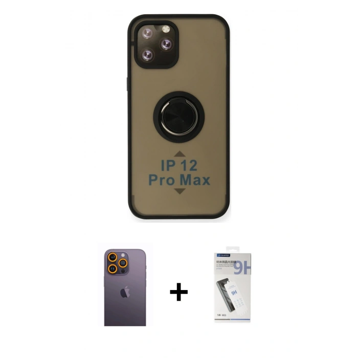 MARSİLYAN™- iPhone 12 Pro Kılıf Yörünge Çizgi - Şeffaf Uv Polymer Nano Ekran Koruyucu + Neon Fosforlu Kamera Lens - SI