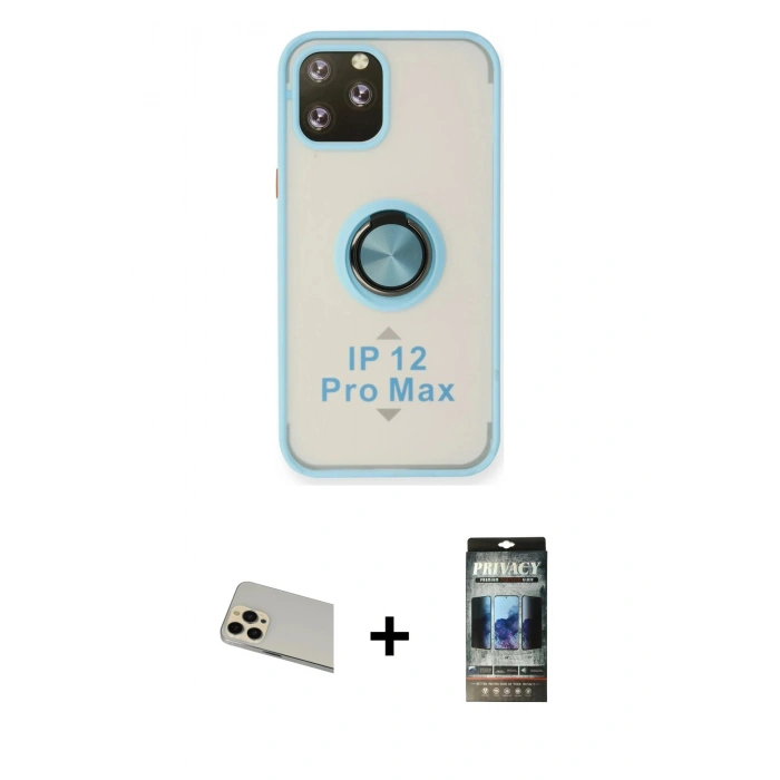 MARSİLYAN™- iPhone 12 Pro Kılıf Yörünge Çizgi - Siyah 34D Hayalet Izgaralı Cam + Rainbow Kamera Lens Koruma Cam - GD