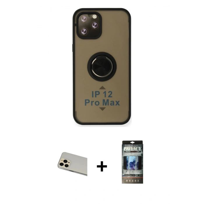 MARSİLYAN™- iPhone 12 Pro Kılıf Yörünge Çizgi - Siyah 34D Hayalet Izgaralı Cam + Rainbow Kamera Lens Koruma Cam - GD