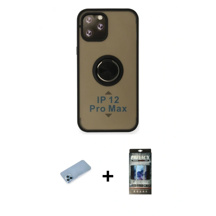 MARSİLYAN™- iPhone 12 Pro Kılıf Yörünge Çizgi - Siyah 34D Hayalet Izgaralı Cam + Shine Kamera Lens Koruma Cam - MI