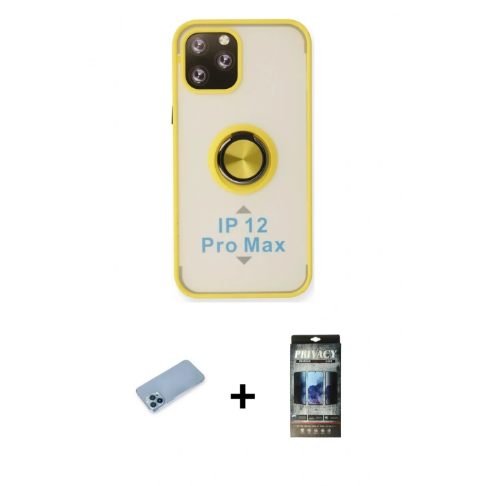 MARSİLYAN™- iPhone 12 Pro Kılıf Yörünge Çizgi - Siyah 34D Hayalet Izgaralı Cam + Shine Kamera Lens Koruma Cam - MI