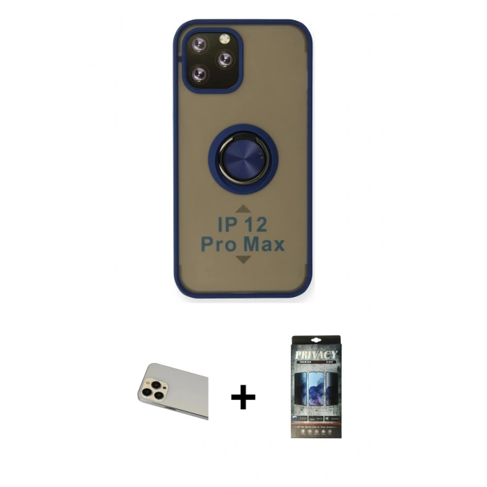 MARSİLYAN™- iPhone 12 Pro Kılıf Yörünge Çizgi - Siyah 34D Hayalet Izgaralı Cam + Rainbow Kamera Lens Koruma Cam - GD