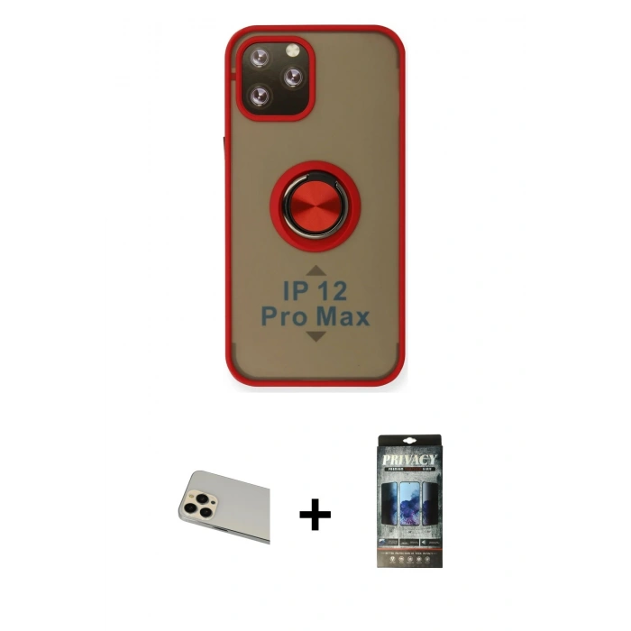 MARSİLYAN™- iPhone 12 Pro Kılıf Yörünge Çizgi - Siyah 34D Hayalet Izgaralı Cam + Rainbow Kamera Lens Koruma Cam - GD