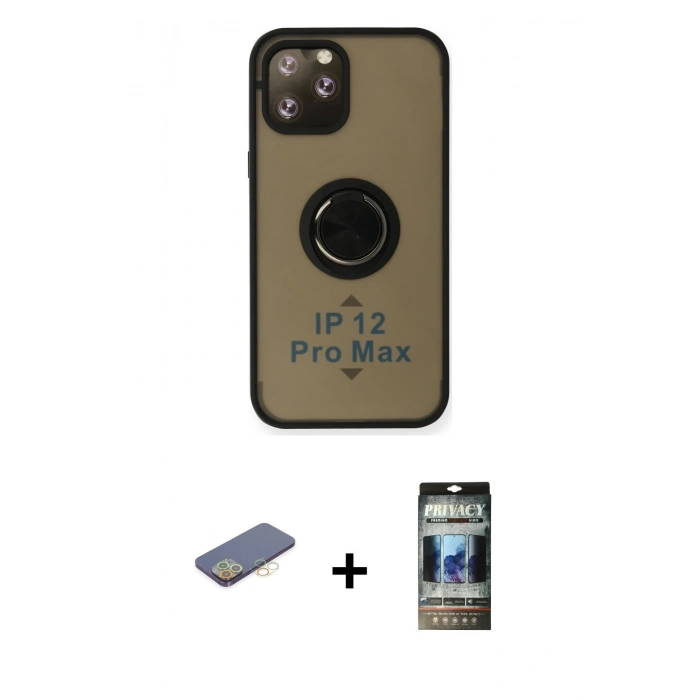 MARSİLYAN™- iPhone 12 Pro Kılıf Yörünge Çizgi - Siyah 34D Hayalet Izgaralı Cam + Renkli Kamera Lens Koruma Cam - SI