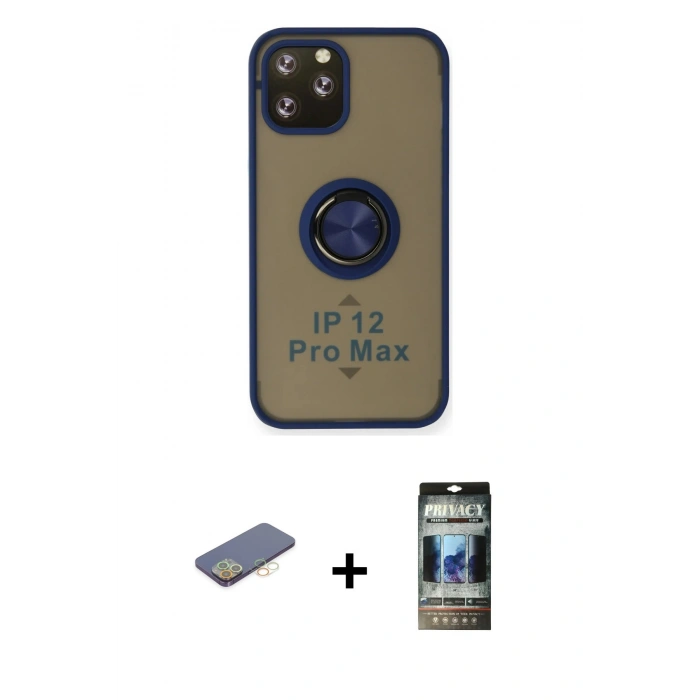 MARSİLYAN™- iPhone 12 Pro Kılıf Yörünge Çizgi - Siyah 34D Hayalet Izgaralı Cam + Renkli Kamera Lens Koruma Cam - SI