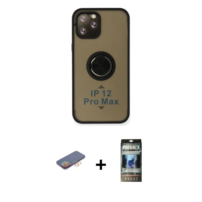 MARSİLYAN™- iPhone 12 Pro Kılıf Yörünge Çizgi - Siyah 34D Hayalet Izgaralı Cam + Renkli Kamera Lens Koruma Cam - TU