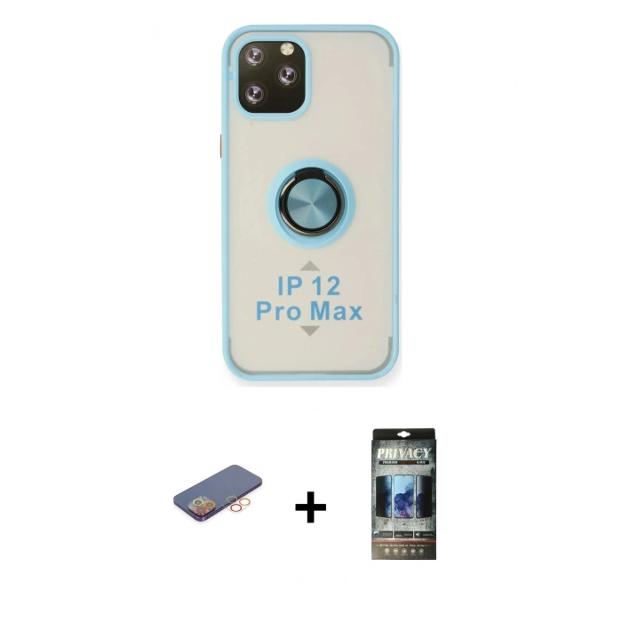 MARSİLYAN™- iPhone 12 Pro Kılıf Yörünge Çizgi - Siyah 34D Hayalet Izgaralı Cam + Renkli Kamera Lens Koruma Cam - TU