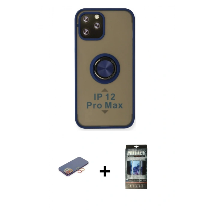MARSİLYAN™- iPhone 12 Pro Kılıf Yörünge Çizgi - Siyah 34D Hayalet Izgaralı Cam + Renkli Kamera Lens Koruma Cam - TU
