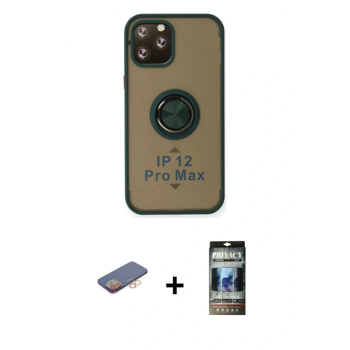 MARSİLYAN™- iPhone 12 Pro Kılıf Yörünge Çizgi - Siyah 34D Hayalet Izgaralı Cam + Renkli Kamera Lens Koruma Cam - TU