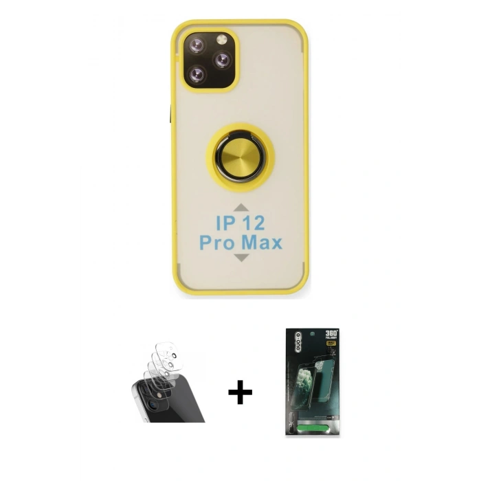 MARSİLYAN™- iPhone 12 Pro Kılıf Yörünge Çizgi - Siyah 360 Mat Full Body Arka Koruyucu + Kamera Lens Koruma Cam - SF