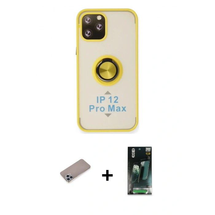 MARSİLYAN™- iPhone 12 Pro Kılıf Yörünge Çizgi - Siyah 360 Mat Full Body Arka Koruyucu + Shine Kamera Lens Koruma Cam - SABE