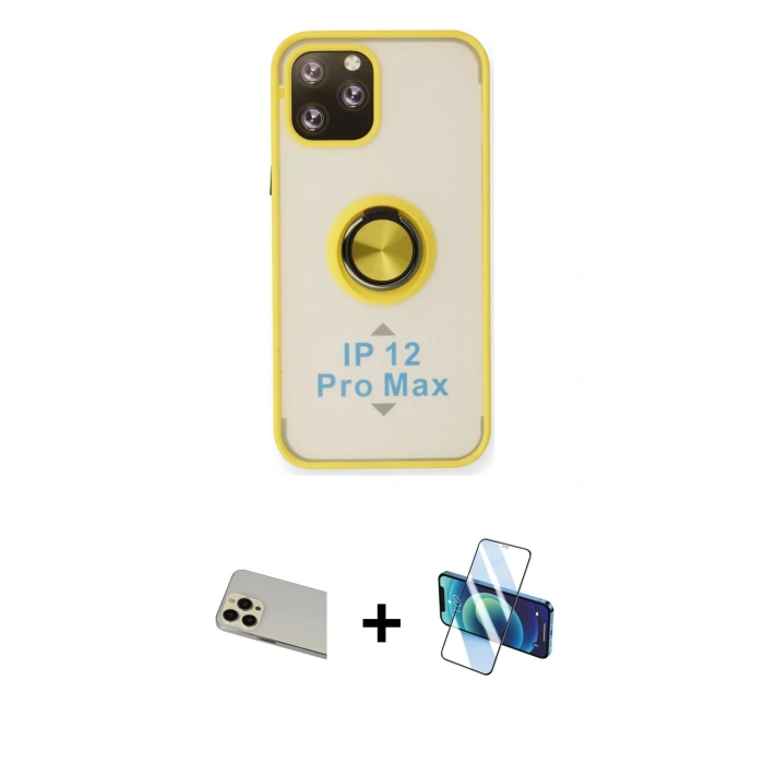 MARSİLYAN™- iPhone 12 Pro Kılıf Yörünge Çizgi - Siyah 3D Antistatik Cam Ekran Koruyucu + Rainbow Kamera Lens Koruma Cam - GD