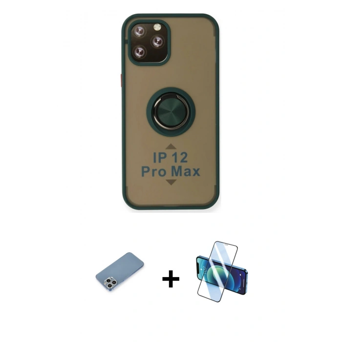 MARSİLYAN™- iPhone 12 Pro Kılıf Yörünge Çizgi - Siyah 3D Antistatik Cam Ekran Koruyucu + Shine Kamera Lens Koruma Cam - GS