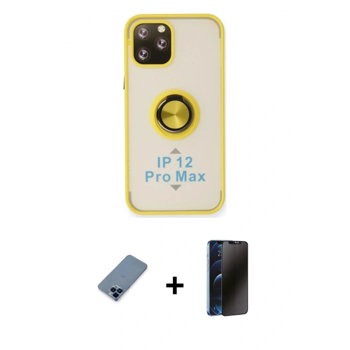 MARSİLYAN™- iPhone 12 Pro Kılıf Yörünge Çizgi - Siyah 3D Antistatik Hayalet Cam Ekran Koruyucu + Metal Kamera Lens Koruma Cam - MI