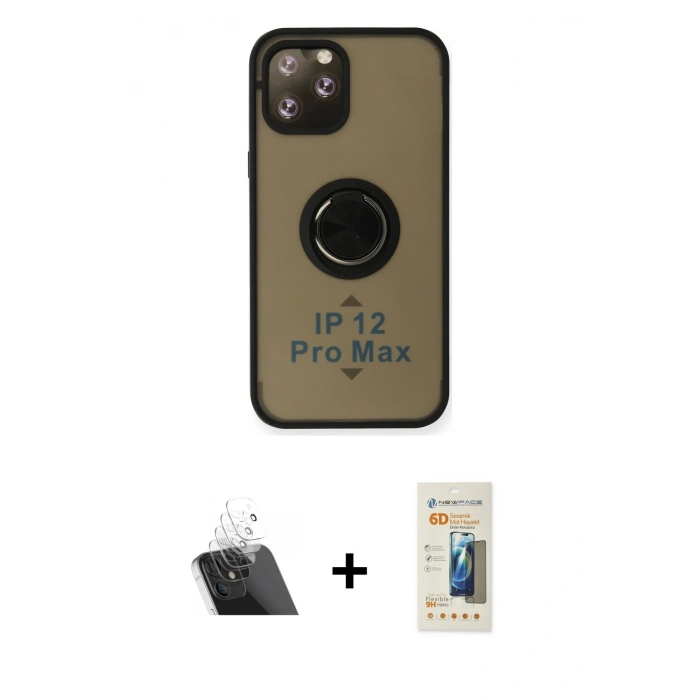 MARSİLYAN™- iPhone 12 Pro Kılıf Yörünge Çizgi - Siyah 6D Mat Seramik Hayalet Nano Ekran Koruyucu + Kamera Lens Koruma Cam - SF