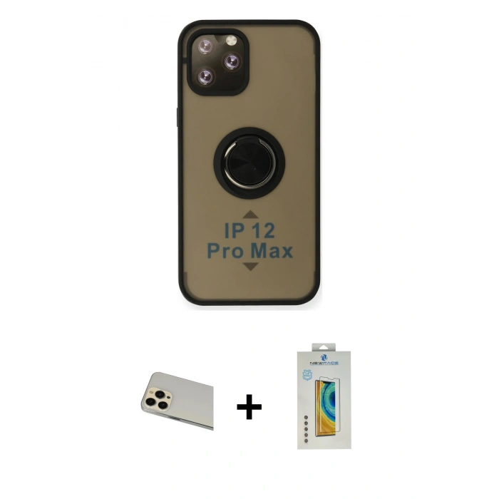 MARSİLYAN™- iPhone 12 Pro Kılıf Yörünge Çizgi - Siyah Polymer Nano Ekran Koruyucu + Rainbow Kamera Lens Koruma Cam - GD