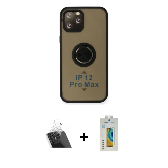MARSİLYAN™- iPhone 12 Pro Kılıf Yörünge Çizgi - Siyah Polymer Nano Ekran Koruyucu + Kamera Lens Koruma Cam - SF