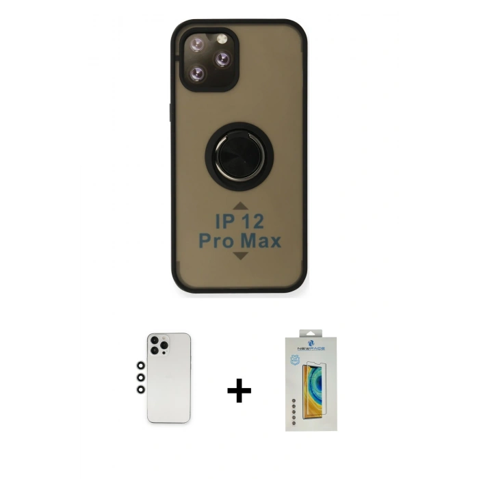 MARSİLYAN™- iPhone 12 Pro Kılıf Yörünge Çizgi - Siyah Polymer Nano Ekran Koruyucu + Shine Kamera Lens - GS