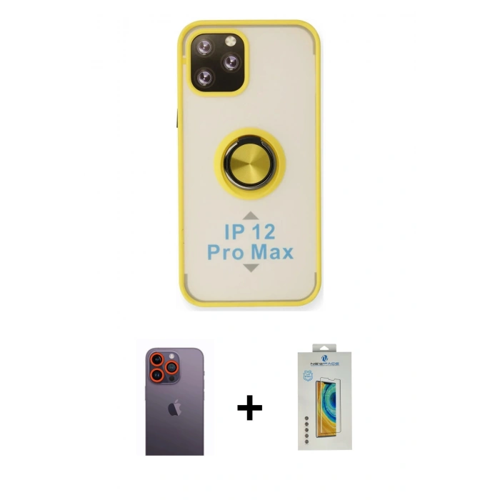 MARSİLYAN™- iPhone 12 Pro Kılıf Yörünge Çizgi - Siyah Polymer Nano Ekran Koruyucu + Neon Fosforlu Kamera Lens - TU