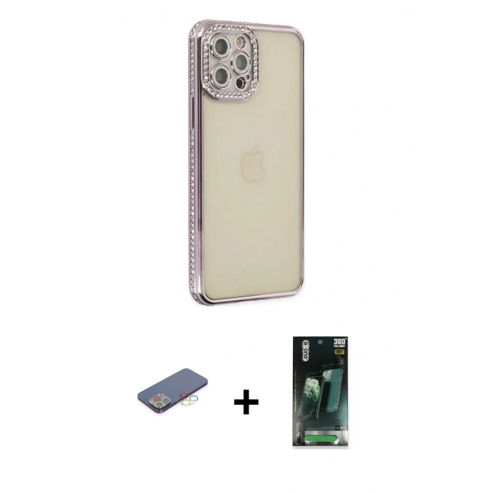 MARSİLYAN™- iPhone 12 Pro Kılıf Yörünge Koleksiyonu - Şeffaf 360 Full Body Arka Koruyucu + Renkli Kamera Lens Koruma Cam - MI