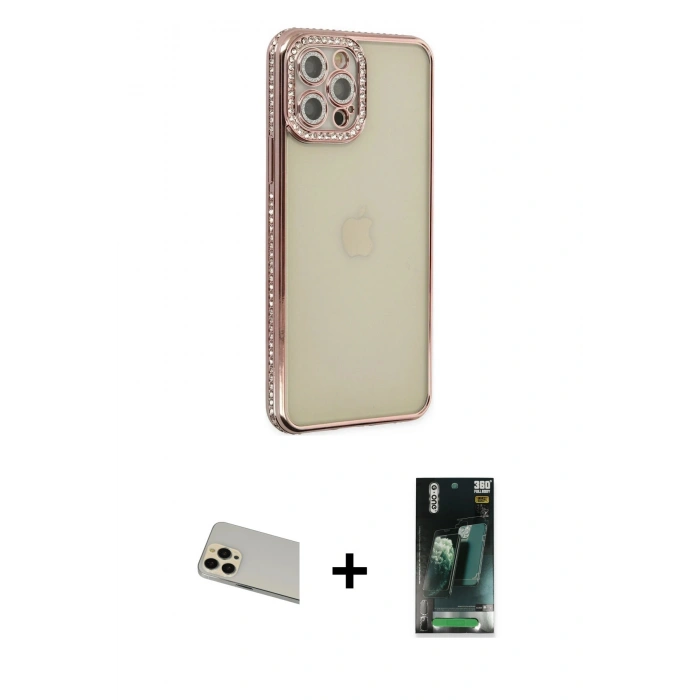 MARSİLYAN™- iPhone 12 Pro Kılıf Yörünge Koleksiyonu - Şeffaf 360 Full Body Arka Koruyucu + Rainbow Kamera Lens Koruma Cam - GD