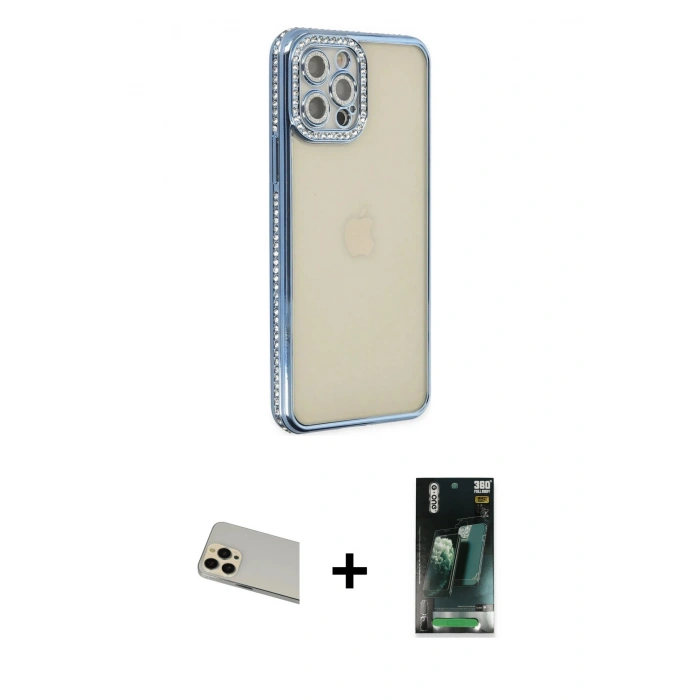 MARSİLYAN™- iPhone 12 Pro Kılıf Yörünge Koleksiyonu - Şeffaf 360 Full Body Arka Koruyucu + Rainbow Kamera Lens Koruma Cam - GD