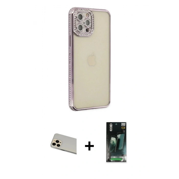 MARSİLYAN™- iPhone 12 Pro Kılıf Yörünge Koleksiyonu - Şeffaf 360 Full Body Arka Koruyucu + Rainbow Kamera Lens Koruma Cam - GD