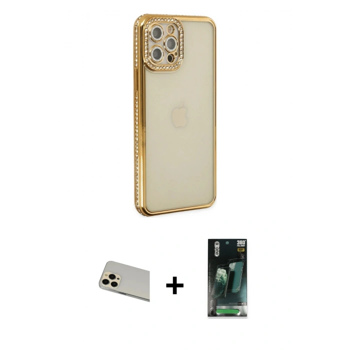 MARSİLYAN™- iPhone 12 Pro Kılıf Yörünge Koleksiyonu - Şeffaf 360 Full Body Arka Koruyucu + Rainbow Kamera Lens Koruma Cam - GD