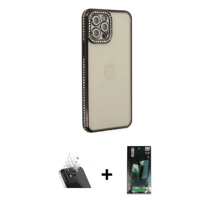 MARSİLYAN™- iPhone 12 Pro Kılıf Yörünge Koleksiyonu - Şeffaf 360 Full Body Arka Koruyucu + Kamera Lens Koruma Cam - SF