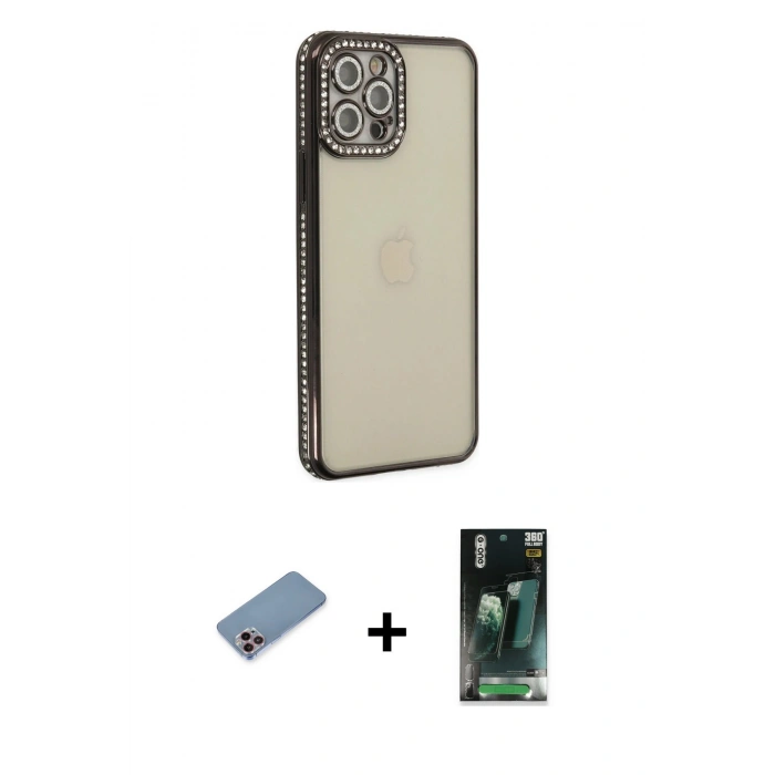 MARSİLYAN™- iPhone 12 Pro Kılıf Yörünge Koleksiyonu - Şeffaf 360 Full Body Arka Koruyucu + Shine Kamera Lens Koruma Cam - PE