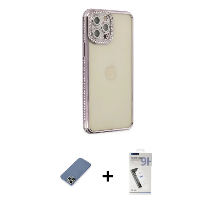 MARSİLYAN™- iPhone 12 Pro Kılıf Yörünge Koleksiyonu - Şeffaf Uv Polymer Nano Ekran Koruyucu + Metal Kamera Lens Koruma Cam - AKYL