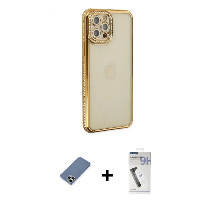 MARSİLYAN™- iPhone 12 Pro Kılıf Yörünge Koleksiyonu - Şeffaf Uv Polymer Nano Ekran Koruyucu + Metal Kamera Lens Koruma Cam - AKYL