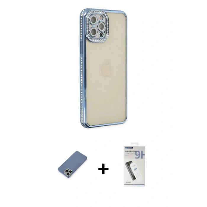 MARSİLYAN™- iPhone 12 Pro Kılıf Yörünge Koleksiyonu - Şeffaf Uv Polymer Nano Ekran Koruyucu + Metal Kamera Lens Koruma Cam - AKYL