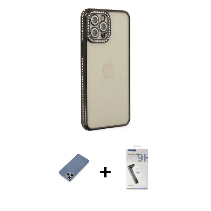 MARSİLYAN™- iPhone 12 Pro Kılıf Yörünge Koleksiyonu - Şeffaf Uv Polymer Nano Ekran Koruyucu + Metal Kamera Lens Koruma Cam - AKYL