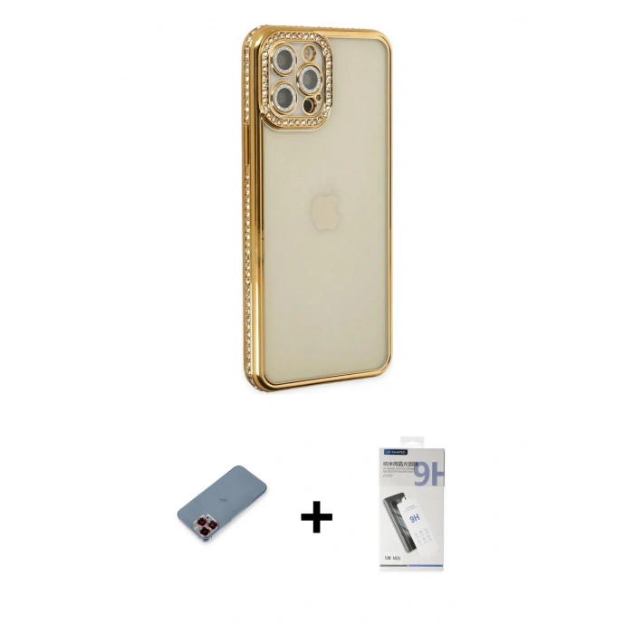MARSİLYAN™- iPhone 12 Pro Kılıf Yörünge Koleksiyonu - Şeffaf Uv Polymer Nano Ekran Koruyucu + Metal Kamera Lens Koruma Cam - KI