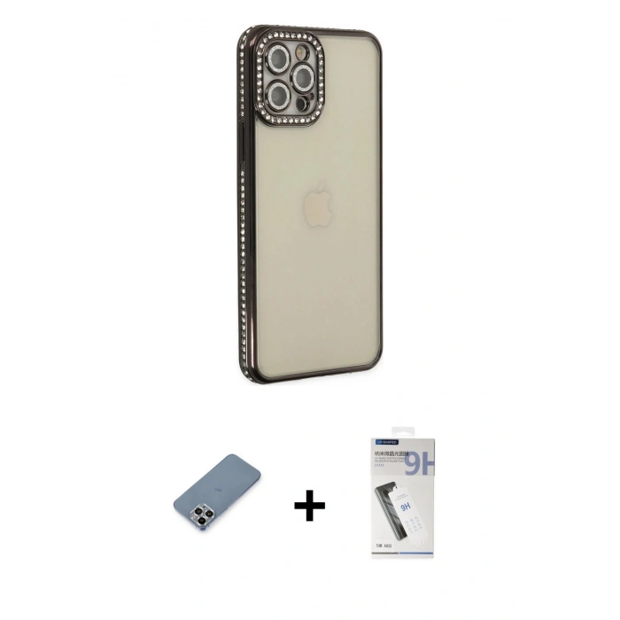 MARSİLYAN™- iPhone 12 Pro Kılıf Yörünge Koleksiyonu - Şeffaf Uv Polymer Nano Ekran Koruyucu + Metal Kamera Lens Koruma Cam - GS