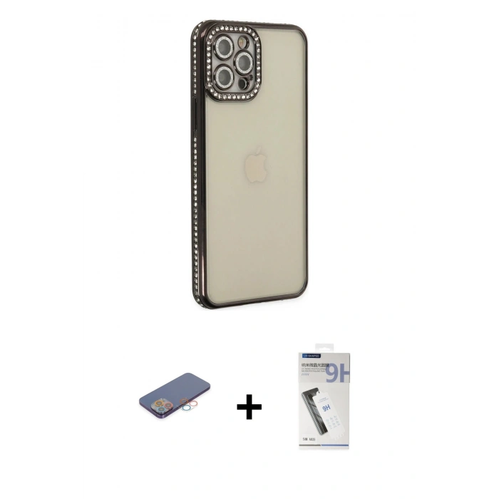 MARSİLYAN™- iPhone 12 Pro Kılıf Yörünge Koleksiyonu - Şeffaf Uv Polymer Nano Ekran Koruyucu + Renkli Kamera Lens Koruma Cam - PE