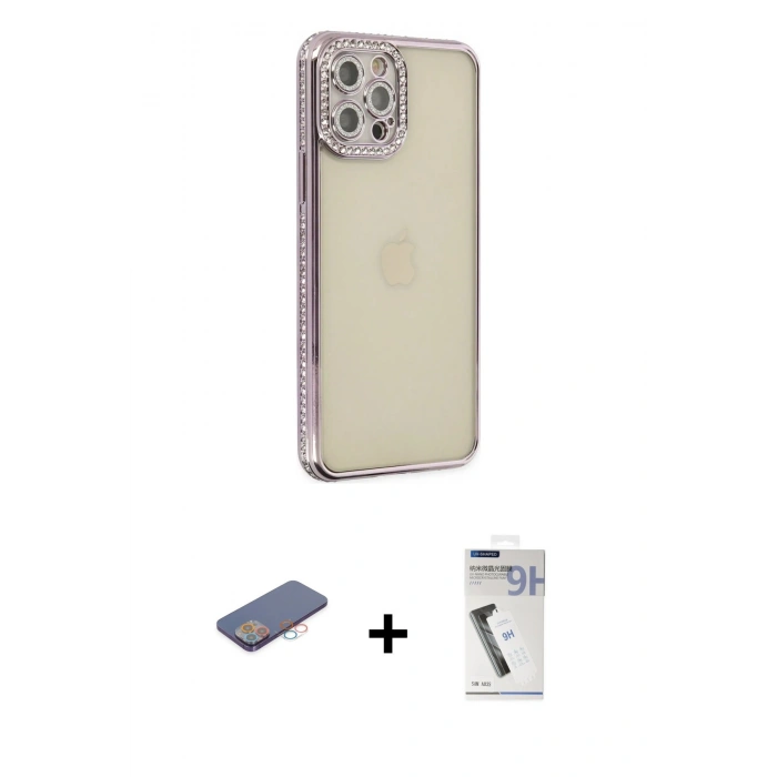 MARSİLYAN™- iPhone 12 Pro Kılıf Yörünge Koleksiyonu - Şeffaf Uv Polymer Nano Ekran Koruyucu + Renkli Kamera Lens Koruma Cam - PE