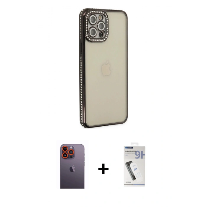 MARSİLYAN™- iPhone 12 Pro Kılıf Yörünge Koleksiyonu - Şeffaf Uv Polymer Nano Ekran Koruyucu + Neon Fosforlu Kamera Lens - TU