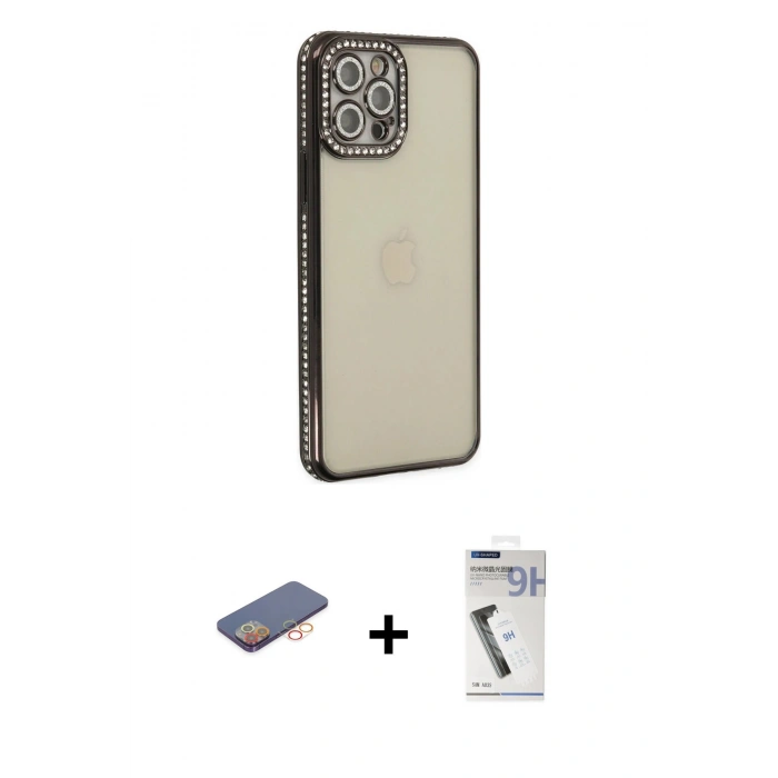 MARSİLYAN™- iPhone 12 Pro Kılıf Yörünge Koleksiyonu - Şeffaf Uv Polymer Nano Ekran Koruyucu + Renkli Kamera Lens Koruma Cam - TU