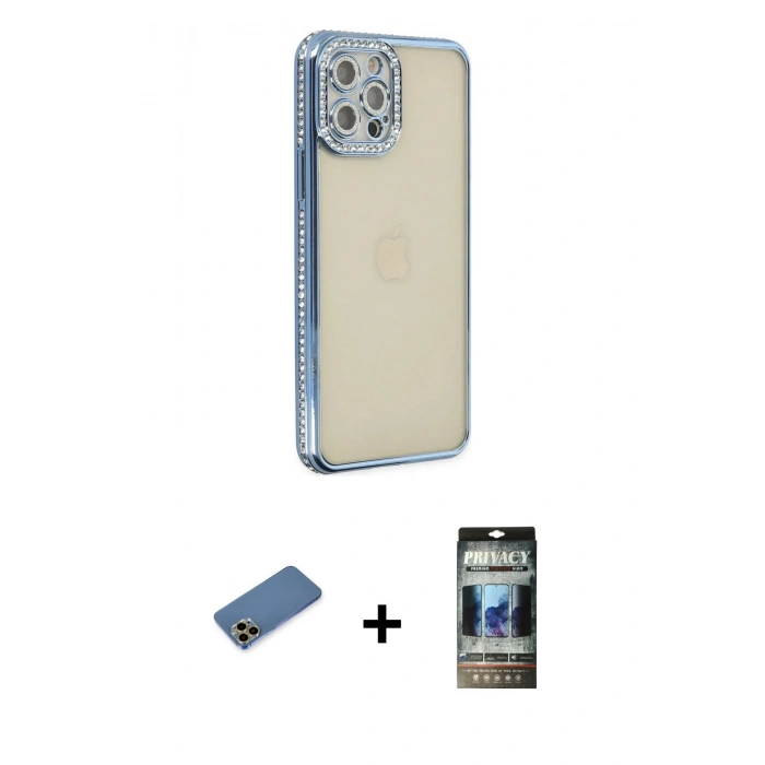 MARSİLYAN™- iPhone 12 Pro Kılıf Yörünge Koleksiyonu - Siyah 34D Hayalet Izgaralı Cam + Shine Kamera Lens Koruma Cam - GD