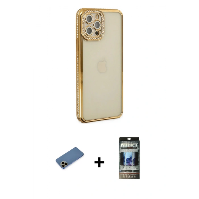 MARSİLYAN™- iPhone 12 Pro Kılıf Yörünge Koleksiyonu - Siyah 34D Hayalet Izgaralı Cam + Shine Kamera Lens Koruma Cam - GD